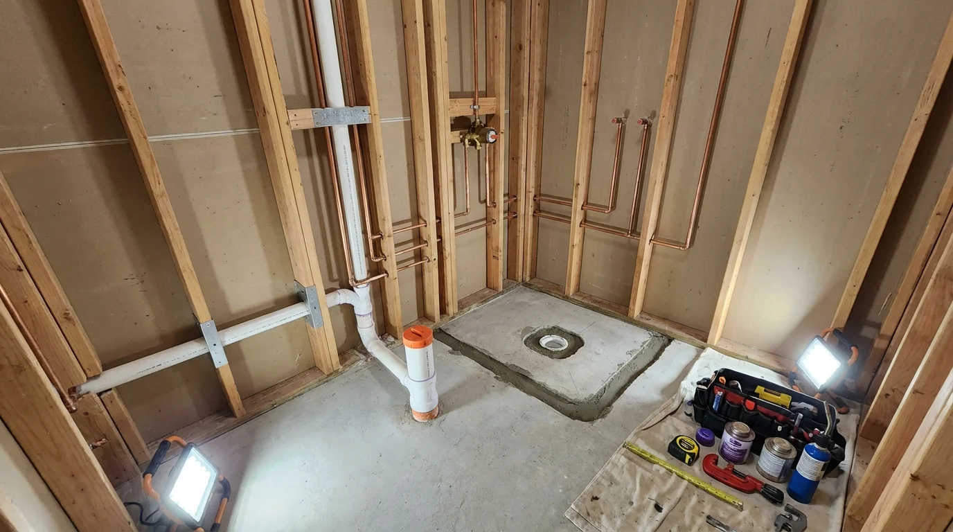 Bathroom rough-in plumbing during remodel by Johns Plumbing LLC in Savage