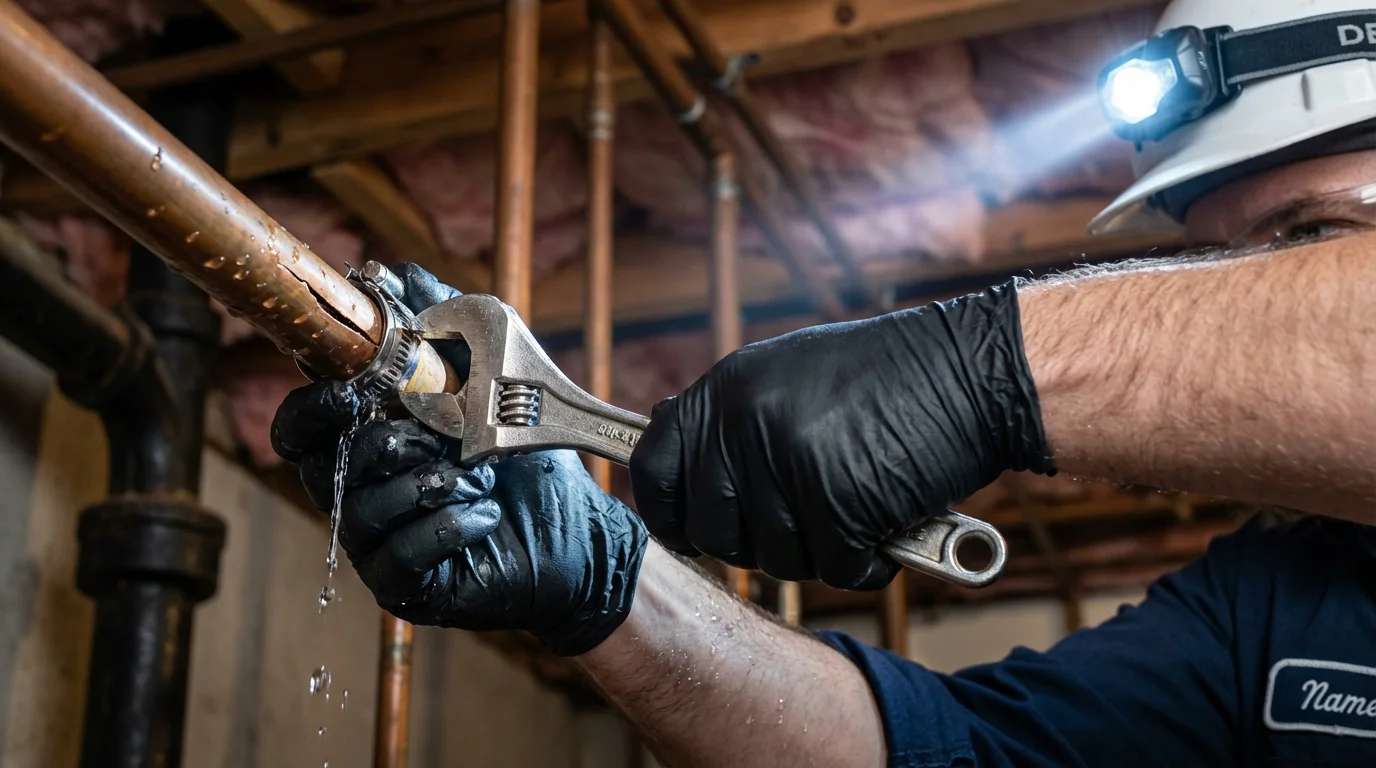Emergency pipe clamp repair being performed by a Johns Plumbing LLC plumber in Savage